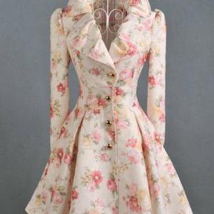 Exquisite Floral Print Puff Sleeve Pleated Trench..