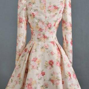 Exquisite Floral Print Puff Sleeve Pleated Trench..