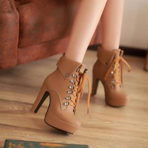 Winter Round Toe Stiletto High Heel Lace Up Ankle..