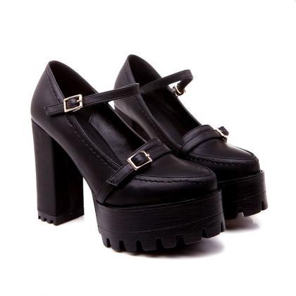 black ankle strap chunky heel