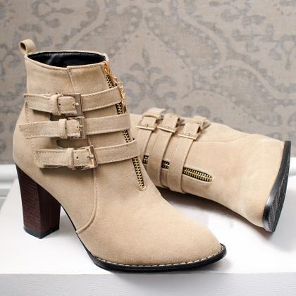 Pointed Toe Thick Heel Zipper Nubuck Leather..