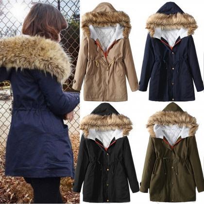 Women Winter Zip Up Parka Hooded Lady Warm Trench..