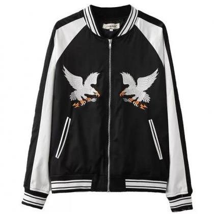 Eagle Embroidered Satin Bomber Jacket Coat