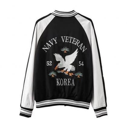Eagle Embroidered Satin Bomber Jacket Coat