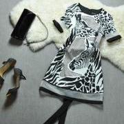  Spring zebra print short-sleeved dress