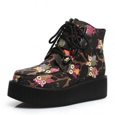 High Top Ankle Boots Shoes Cute Owl Pattern Martin Boots Ladies Girls Lace UP Goth Creepers Warm Shoes