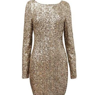 Gold Long Sleeve Sequined Backless Dress