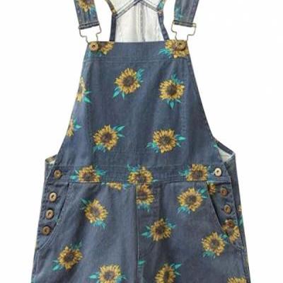 Sunflower Print Denim Overall Shorts