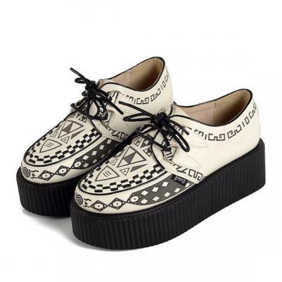  Women's Graffiti pattern Genuine Suede Fashion Sexy Lace UP Flat Platform Shoes Goth Creepers Punk Casual Warm Creeper Shoes White