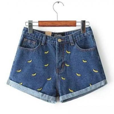 Embroidered Banana Cuffed Denim Shorts