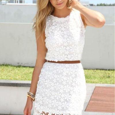 New Women Sexy Floral Lace Crochet Sleeveless Casual Cocktail Evening Mini Dress