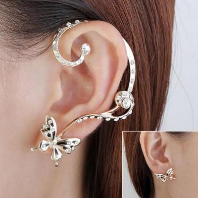1 Pair Modish Nice Women Butterfly Ear Cuff Clip Stud Crystal Rhinestone Earring