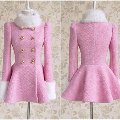Elegant Pink Double Breasted Winter Coat