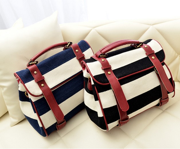 Retro Navy Striped Canvas Handbag & Shoulder Bag