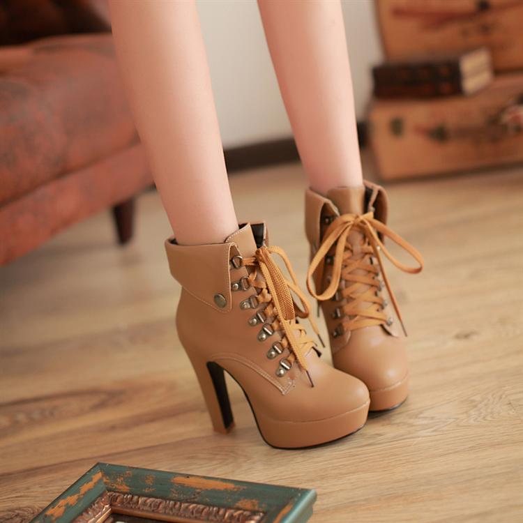 Winter Round Toe Stiletto High Heel Lace Up Ankle Apricot Martens Boots
