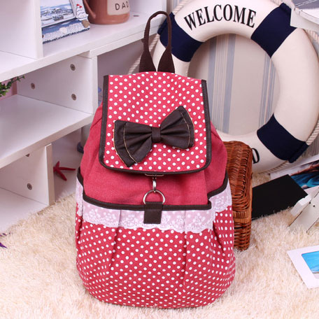 Sweet Dot Bow Lace Canvas Backpack-pink