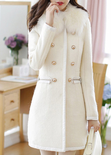 Sweet Long Sleeve Double Breasted Closure Winter Coat - White
