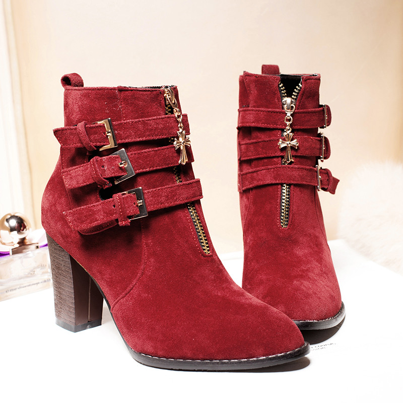 Pointed Toe Thick Heel Zipper Nubuck Leather Buckle Autumn Winter Women Fashion Ankle Boots