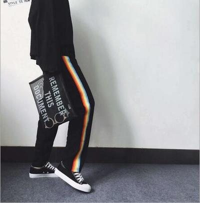 black joggers with rainbow stripe