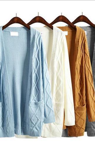 Women Harajuku winter long section long sleeved thick knit sweater cardigan coat #151