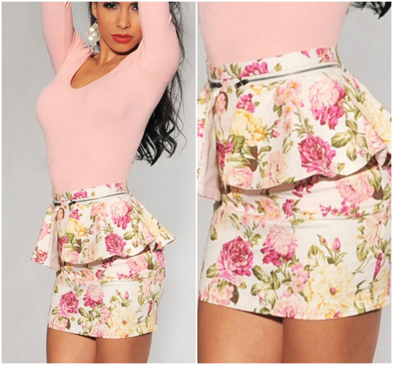 Floral Printed Peplum Mini Skirt on Luulla
